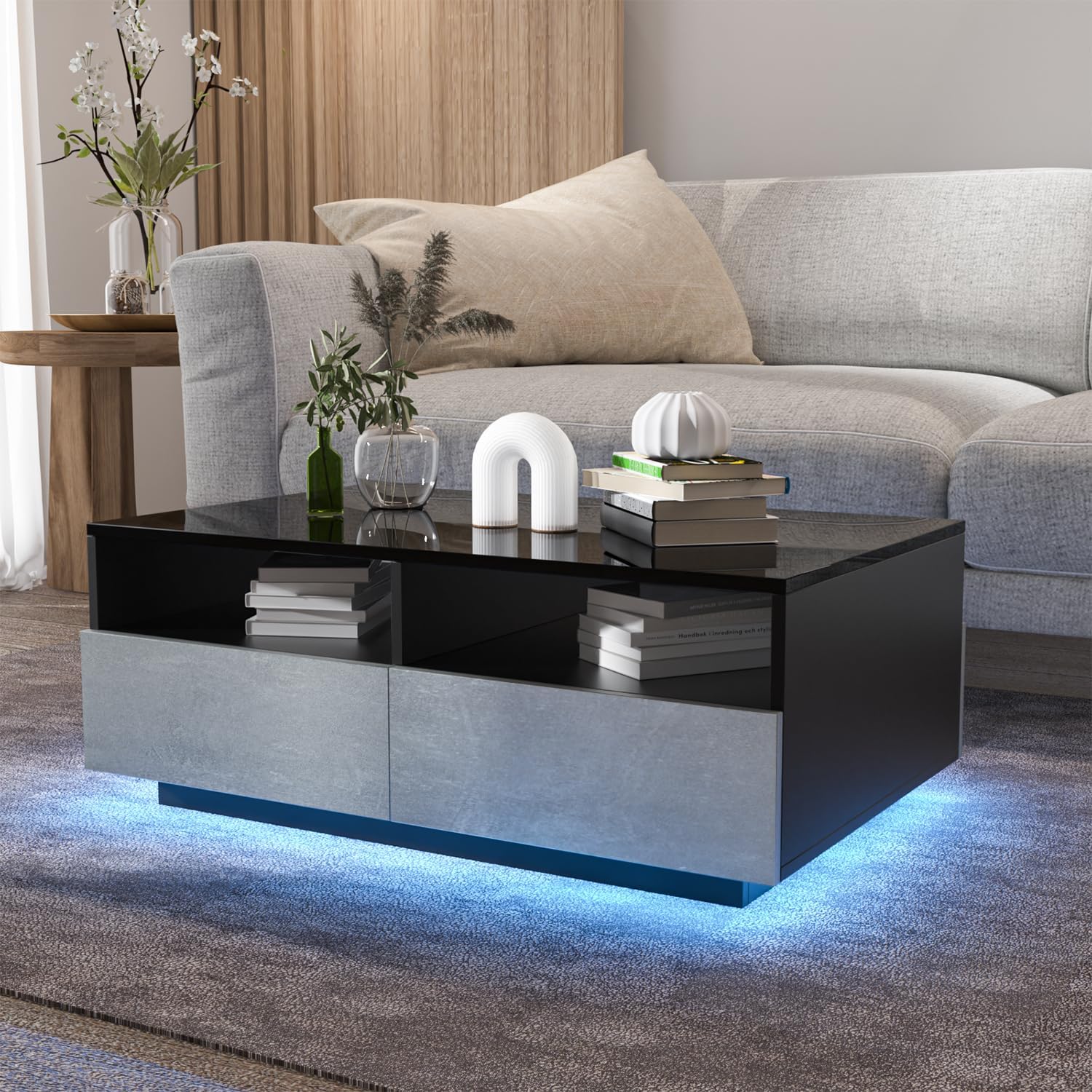 HOMMPA LED Coffee Table with 4 Drawers Modern Center Table for Living Room High Golssy Coffee Tables with Storage Sofa End Table with Open Shelves Grey& Black