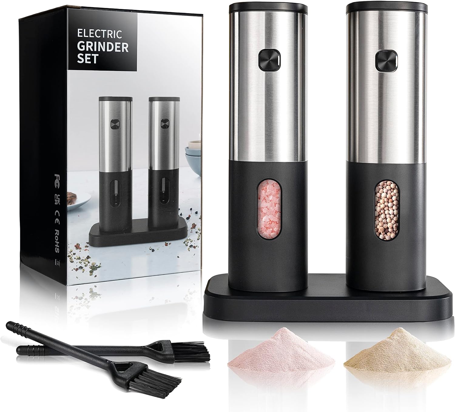 Battery Operated Salt and Pepper Grinder Set, Electric Salt Grinder with Storage Base, One Hand Automatic Operation, Stainless Steel Black 2 Pack