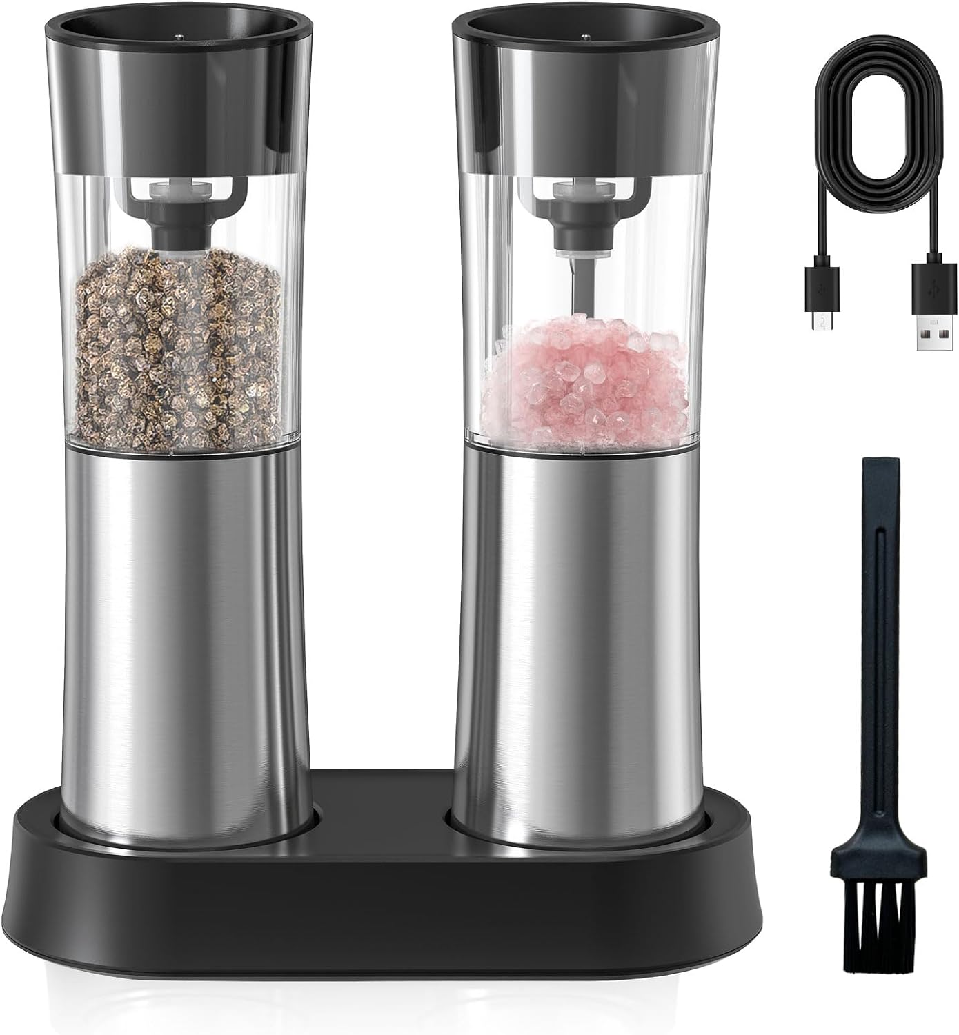 Electric Salt and Pepper Grinder Set  Gravity Rechargeable Automatic Grinder with Charging Base and LED Light, Adjustable Coarseness, Large Capacity, One-handed Operation Salt Pepper Mills