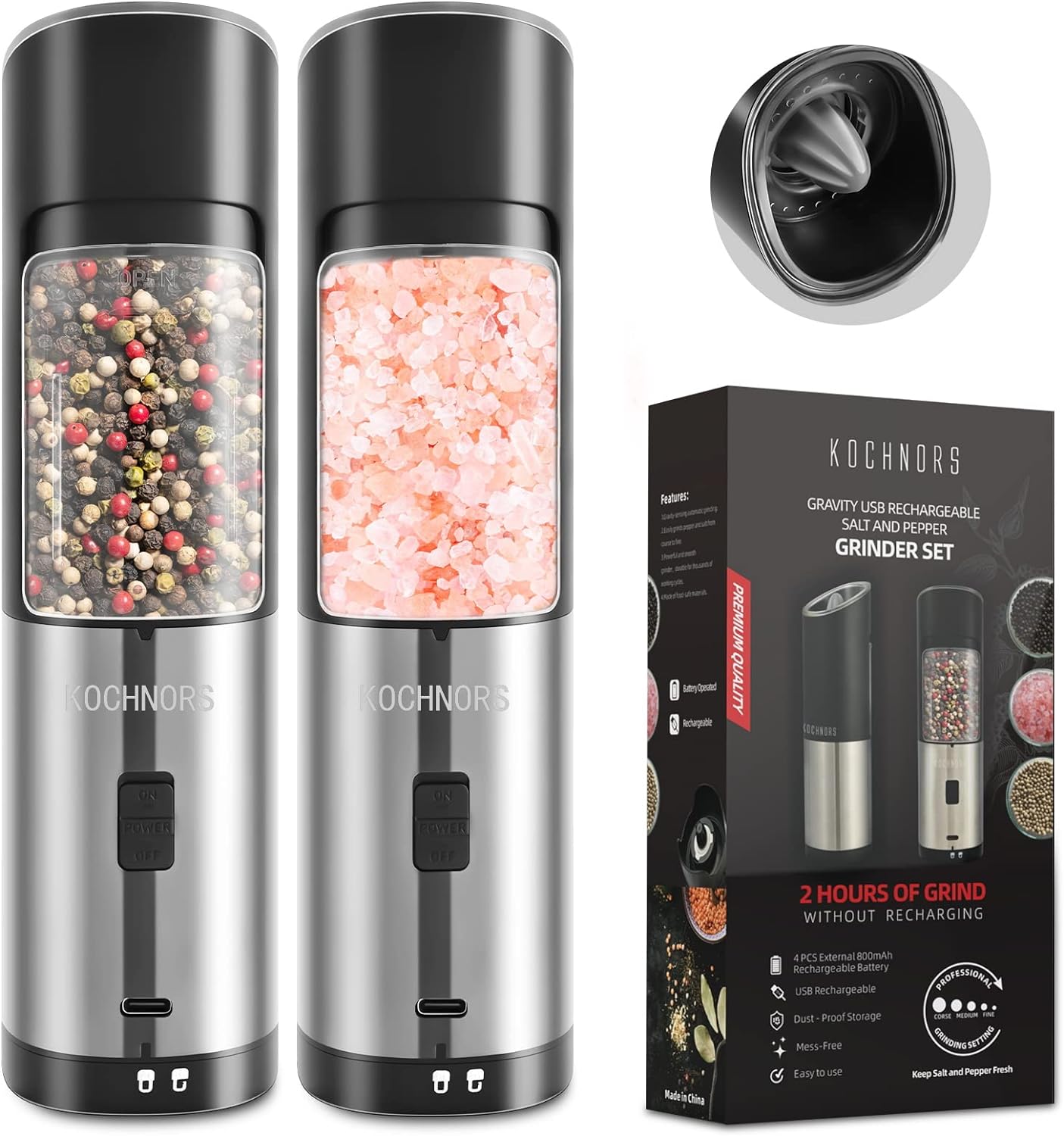 Electric Salt and Pepper Grinder Set, Large Capacity Up To 85ML USB Rechargeable Salt Pepper Grinder with 6-Level Adjustable Coarseness, Gravity Automatic Salt Pepper Grinder Set for Kitchen