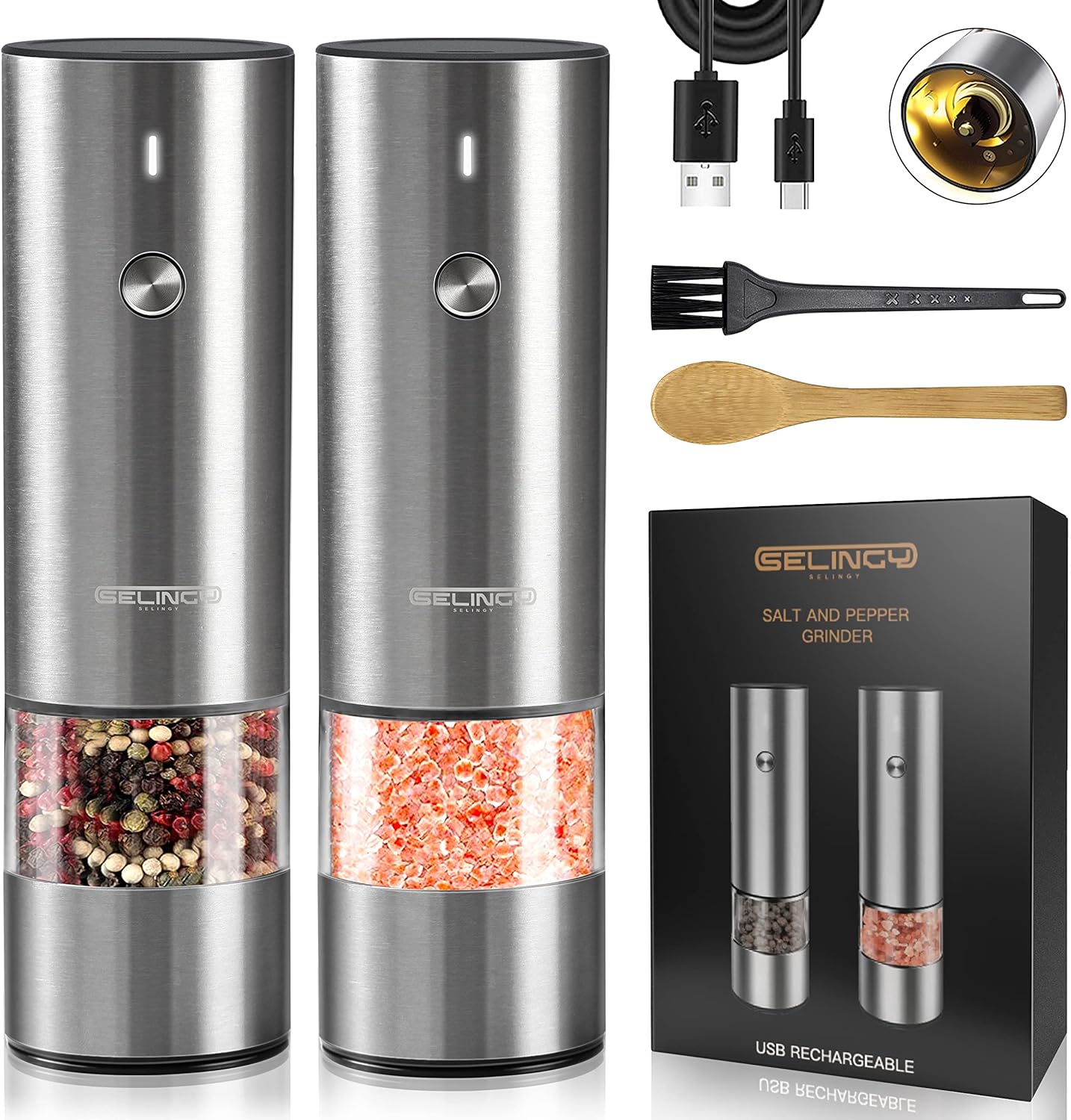 Rechargeable Electric Salt and Pepper Grinder Set - Stainless Steel, with USB Type-C Cable, LED Lights, Automatic Modern Electric Pepper Mill, 2 Adjustable Coarseness Mills, One Hand Operation