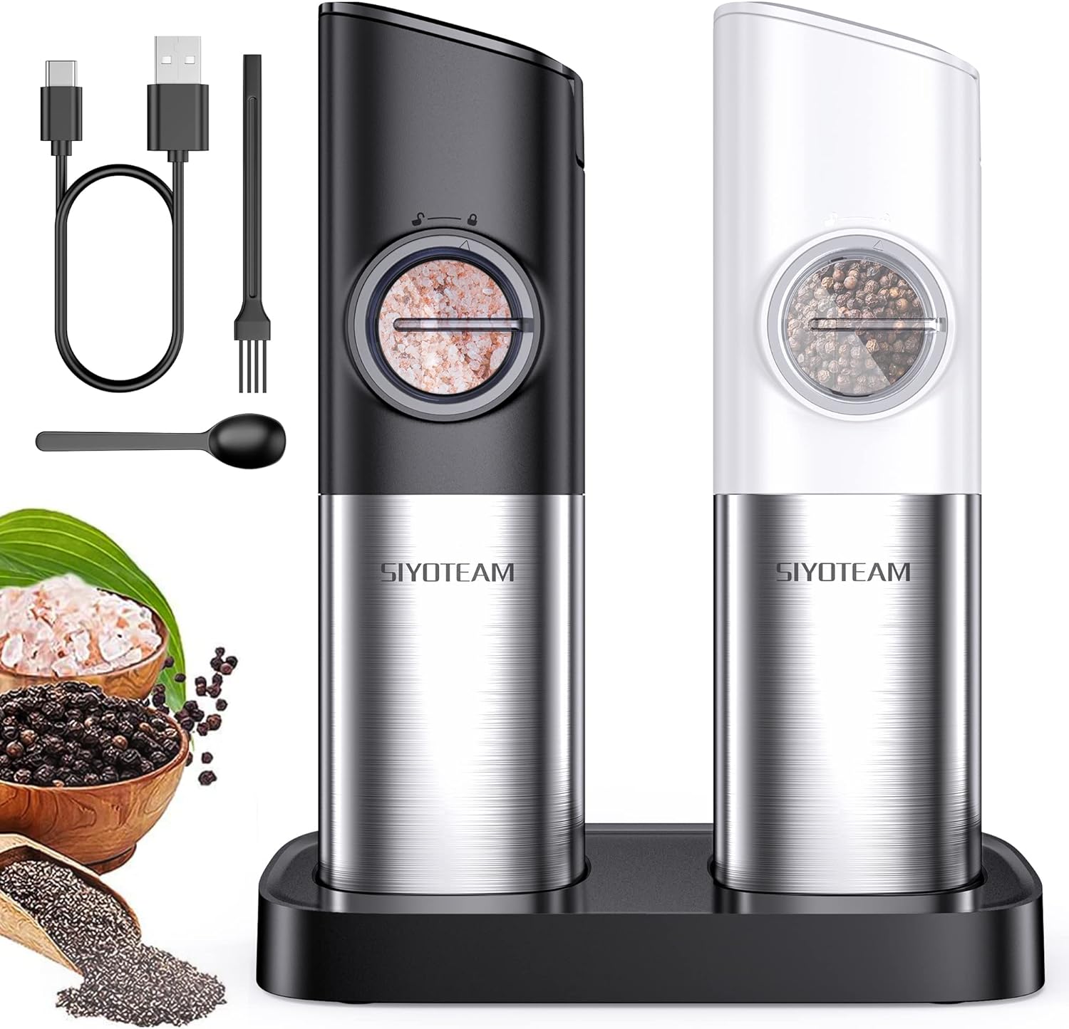 Electric Salt and Pepper Grinder Set, Automatic Gravity Salt and Pepper Grinder Set, Rechargeable with Charging Base, Adjustable Coarseness, Larger Capacity