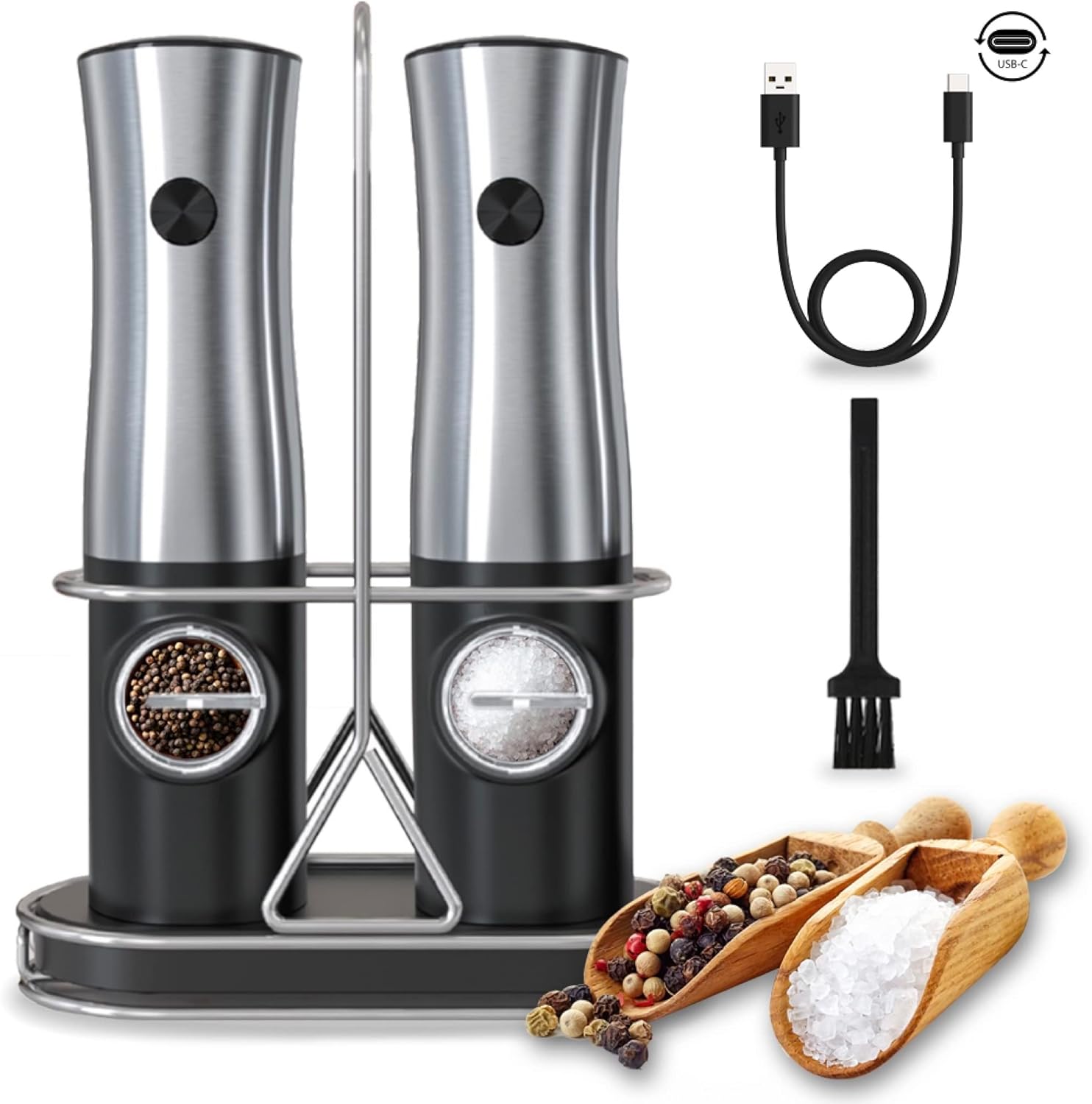 Electric Salt and Pepper Grinder Set Rechageable with Stand - Best Kitchen Gadgets, Spice Mill Grinders, Automatic Recharging Base, One-Hand Operation, Refillable, Great Housewarming Gift