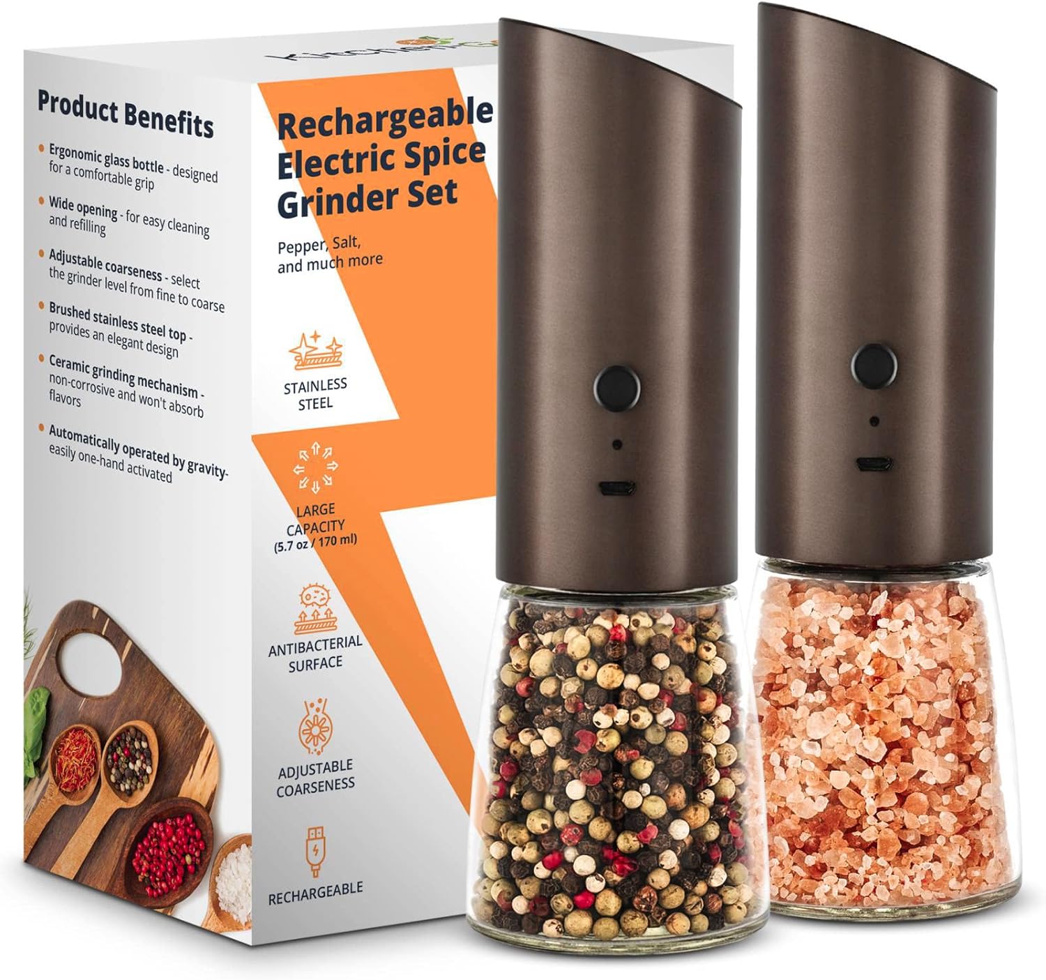 Rechargeable Electric Salt and Pepper Grinder Set, Automatic Gravity Mill with Adjustable Coarseness, Brushed Stainless Steel, Ceramic Blades and Refillable Glass (Bronze grinder - 2 units)