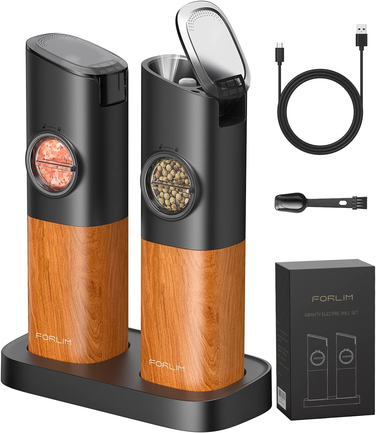 [Upgraded Design] Gravity Electric Salt and Pepper Grinder Set,  Large Capacity, USB Rechargeable Automatic One Hand Operated, Adjustable Coarseness, LED Light, Natural Wood Grain