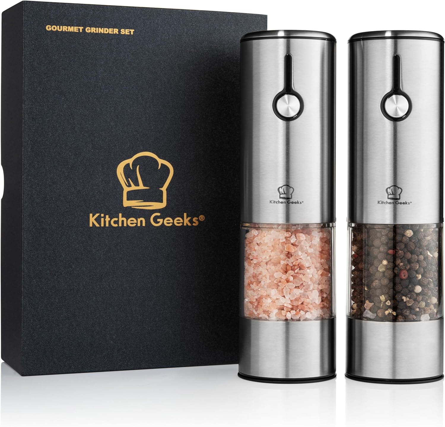 Electric Grinder Set - USB Rechargeable Salt and Pepper Mill with Light, Easy to Refill, No Batteries Required, One Handed Automatic Grinding, Stainless Steel, and Adjustable Coarseness