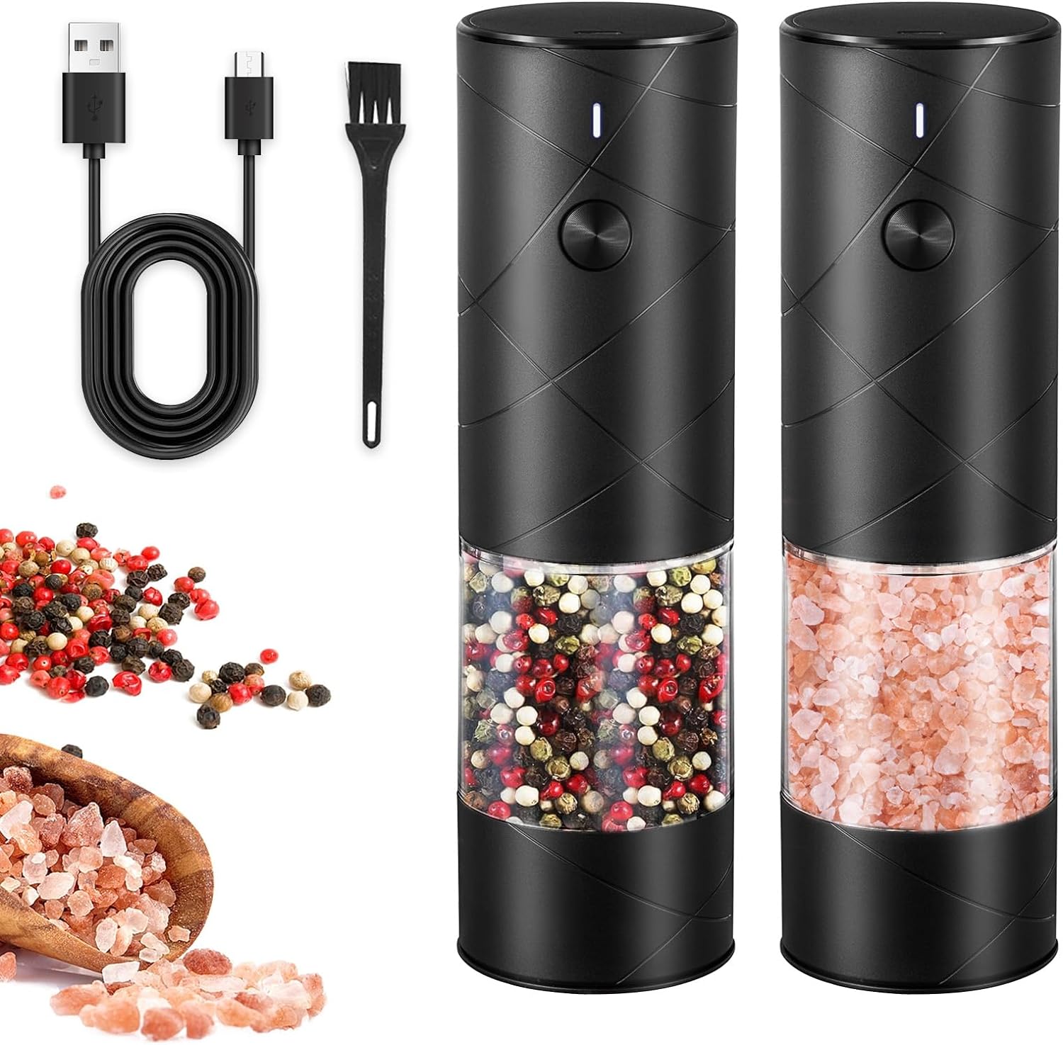 2 Pack Electric Salt and Pepper Grinder Set, Haomacro USB Rechargeable Pepper Grinder Mill with LED Light, Adjustable Coarseness Large Capacity Automatic Pepper Mills Salt Grinders for Kitchen