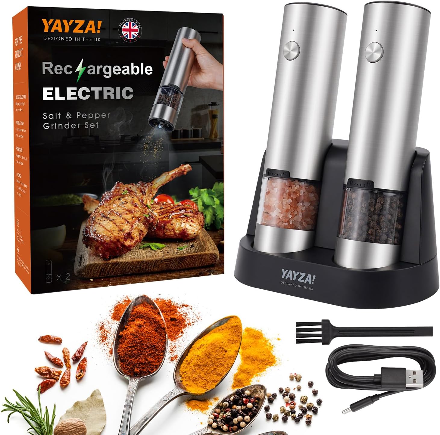 YAYZA! Electric Salt and Pepper Grinder Set, Fast Chargeable Automatic Salt Pepper Grinder Mill Shaker Refillable With Light, Mill Tray, Adjustable Coarseness Stainless Steel Grinder Kitchen Gadgets