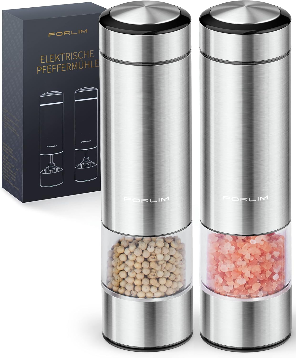 Electric Salt and Pepper Grinder Set, Automatic Salt and Pepper Grinder Set, One Handed Operation Refillable Mill with Light, Adjustable Coarseness - 2 Mills