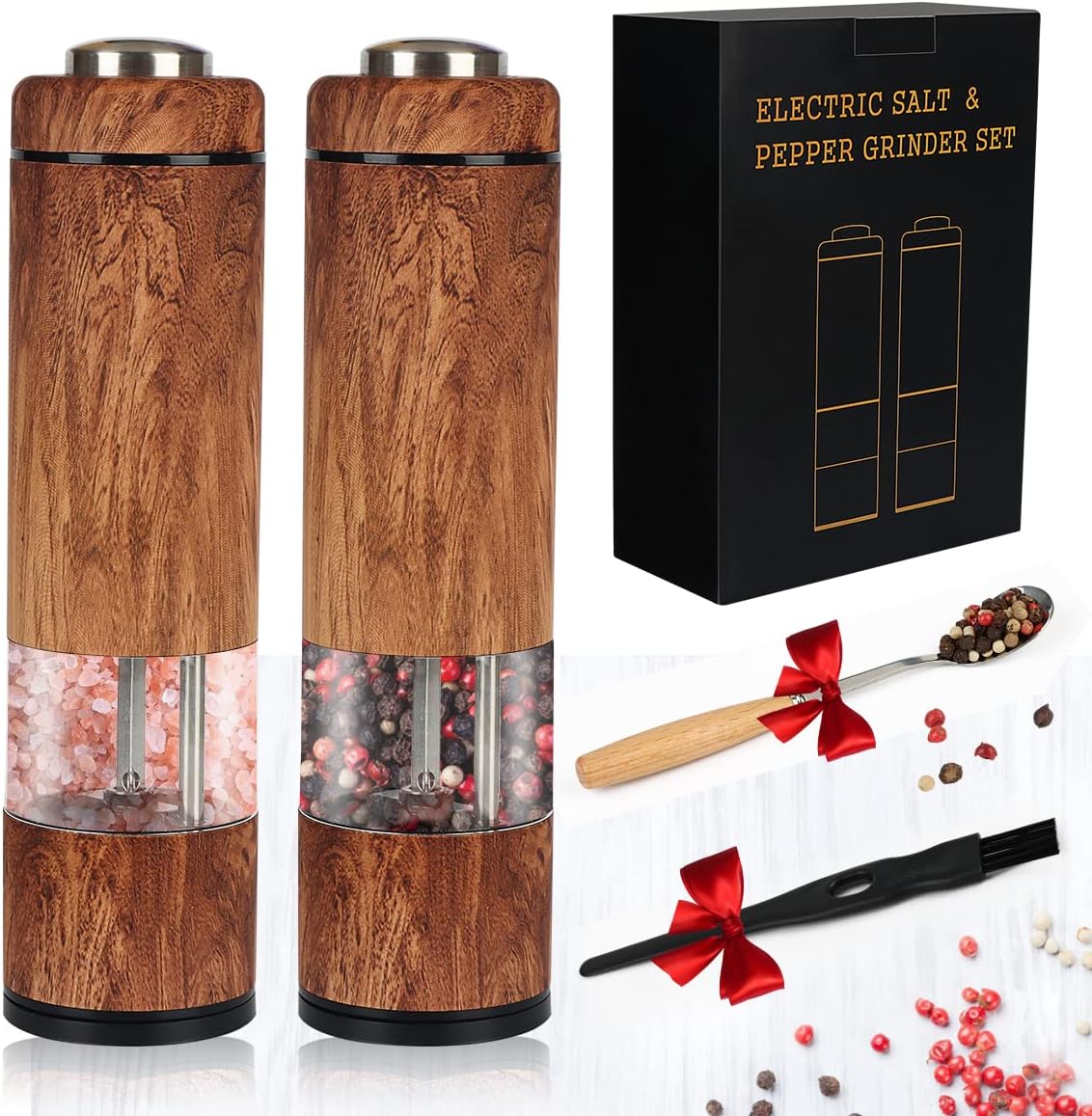 Electric Salt and Pepper Grinder Set, Battery Operated Pepper Grinder with LED Light, One Handed Operation, Adjustable Coarseness, Slat and Pepper Shakers Set Electric (Wood Grain)