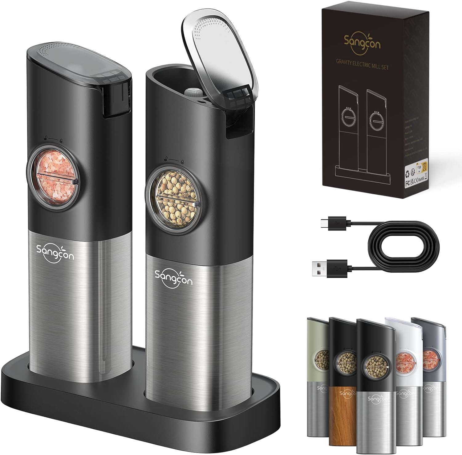 [Upgraded Larger Capacity] Sangcon Gravity Electric Salt and Pepper Grinder Set - USB Rechargeable With Dual Charging Base - Automatic One Hand Operation - Adjustable Coarseness & LED Light Refillable