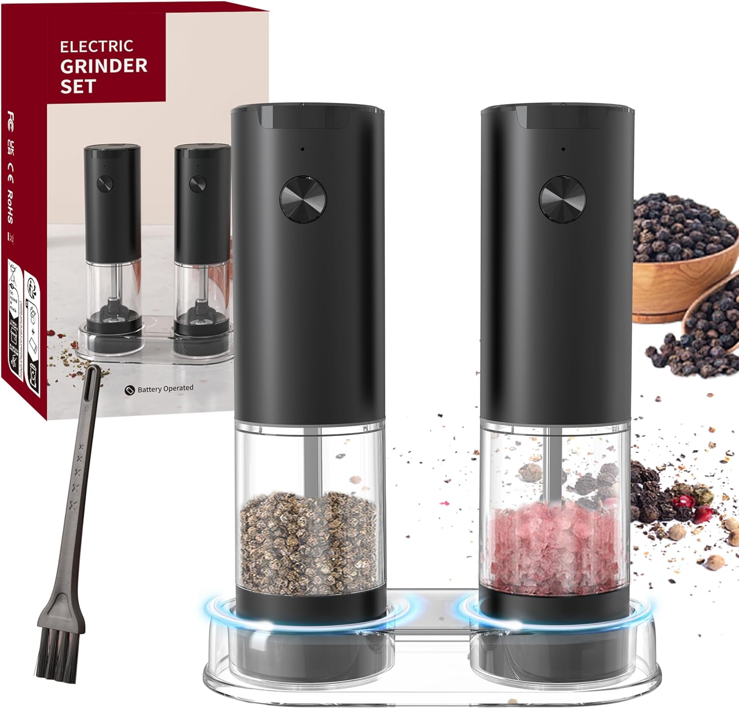 Electric Salt and Pepper Grinder Set, Automatic Mill, Adjustable Coarseness, LED Light - Convenient One-Hand Operation - Perfect for Kitchen and BBQ - Includes Salt and Pepper Shakers (2 Pack)