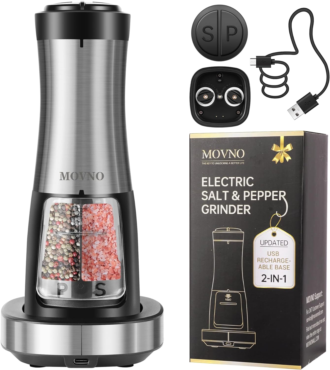 MOVNO 2 in 1 Rechargeable Electric Salt and Pepper Grinder Set with Charging Base, No Need Battery Automatic Salt and Pepper Grinder, One-Handed Operation, Adjustable Ceramic Grinder with LED Light