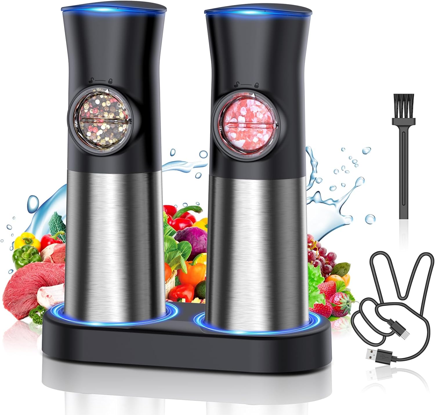 Gravity Electric Salt and Pepper Grinder Set - USB Rechargeable Automatic Grinder - Generous Capacity - Adjustable Fineness - One Handed Operation, Stainless Steel Construction, LED Light