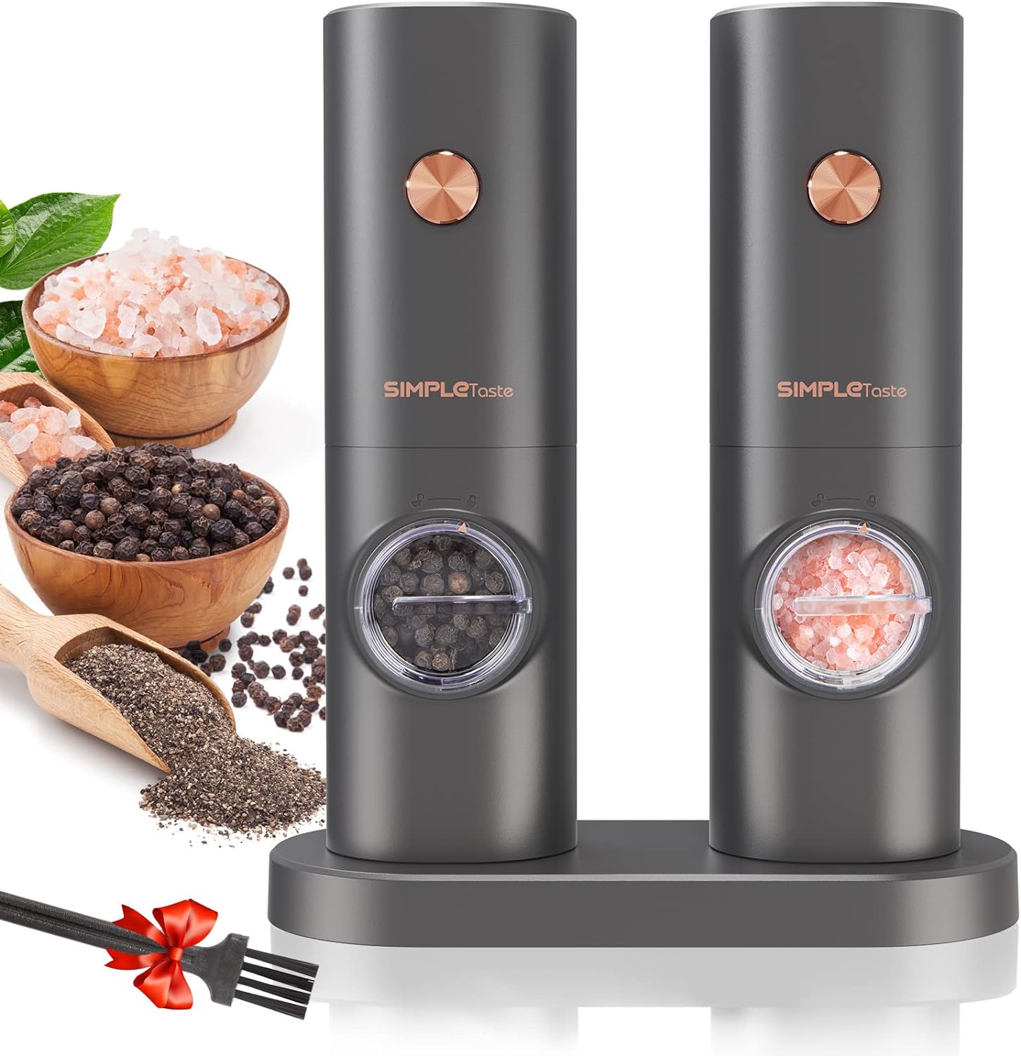 SIMPLETASTE Electric Salt and Pepper Grinder Set, One-Handed, Battery Powered, Adjustable Coarseness, LED Light, Pepper mills with stand, Seasoning Tools for Kitchen, Dining or Gifting