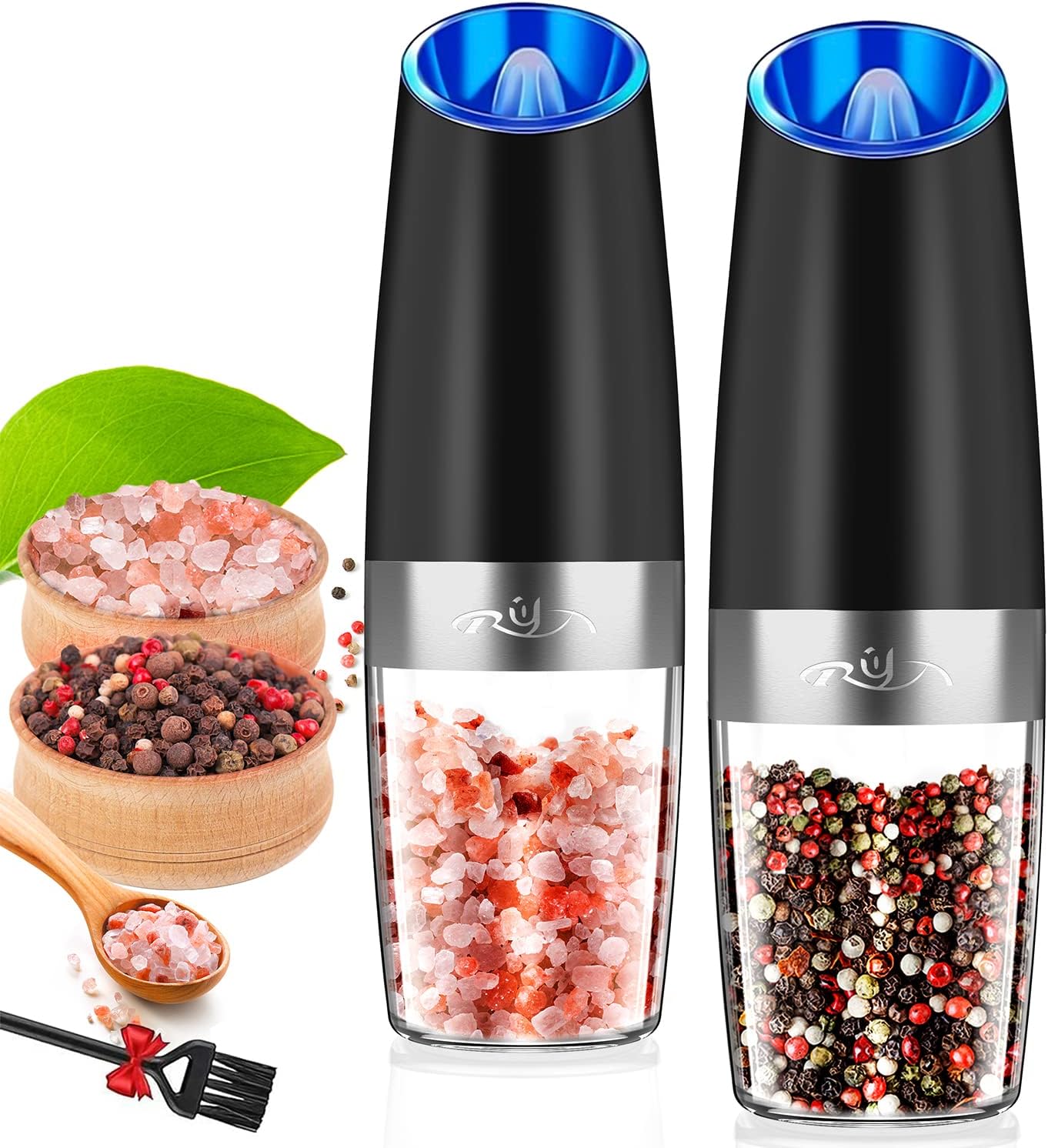 Gravity Electric Salt and Pepper Grinder Set, Automatic and Battery-Operated with Adjustable Coarseness, LED Light, One Hand Operated By Rongyuxuan