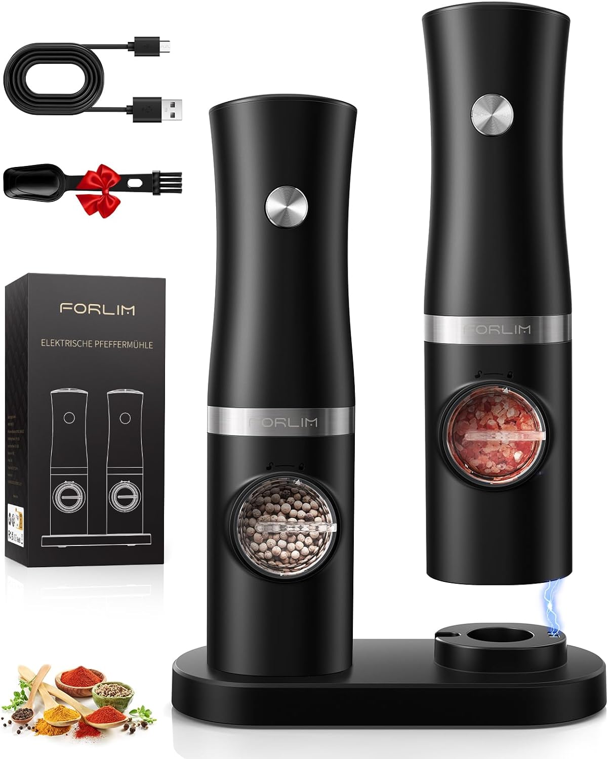 Rechargeable Electric Salt and Pepper Grinder Set with Charging Base, Automatic Pepper Mill, Adjustable Coarseness, White LED Light, USB Type-C Cable, One Hand Operation, 2 Mills