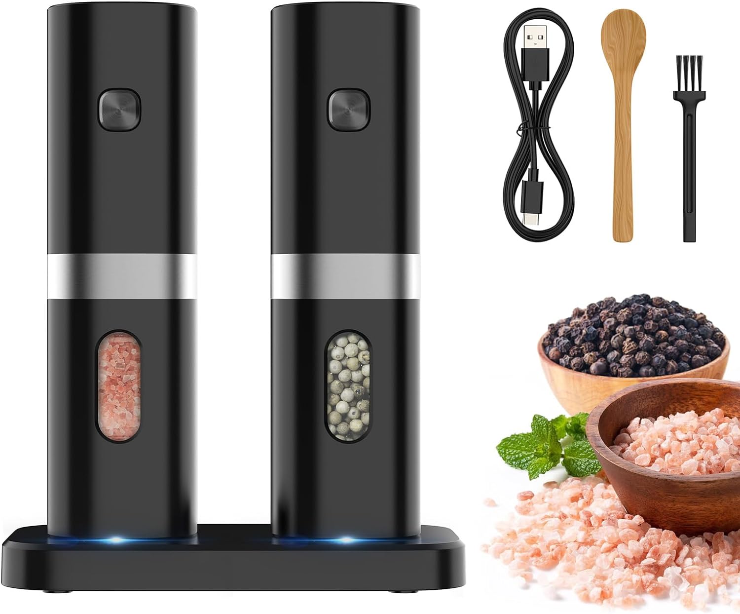 Syaws Pepper Grinder,Electric Salt and Pepper Grinder Set,Rechargeable Pepper Mill-No Battery Needed-Automatic Salt Grinder with Charging Base,Adjustable Coarseness,Blue LED Light,2 Pack