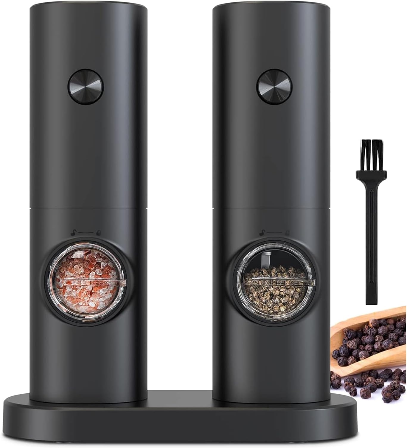 COKUNST Electric Pepper and Salt Grinder Set, Battery Powered Adjustable 5 Levels of Coarseness Black Pepper Grinder Mill with Stand, Automatic Grinding with LED Light for BBQ Resturant Kitchen