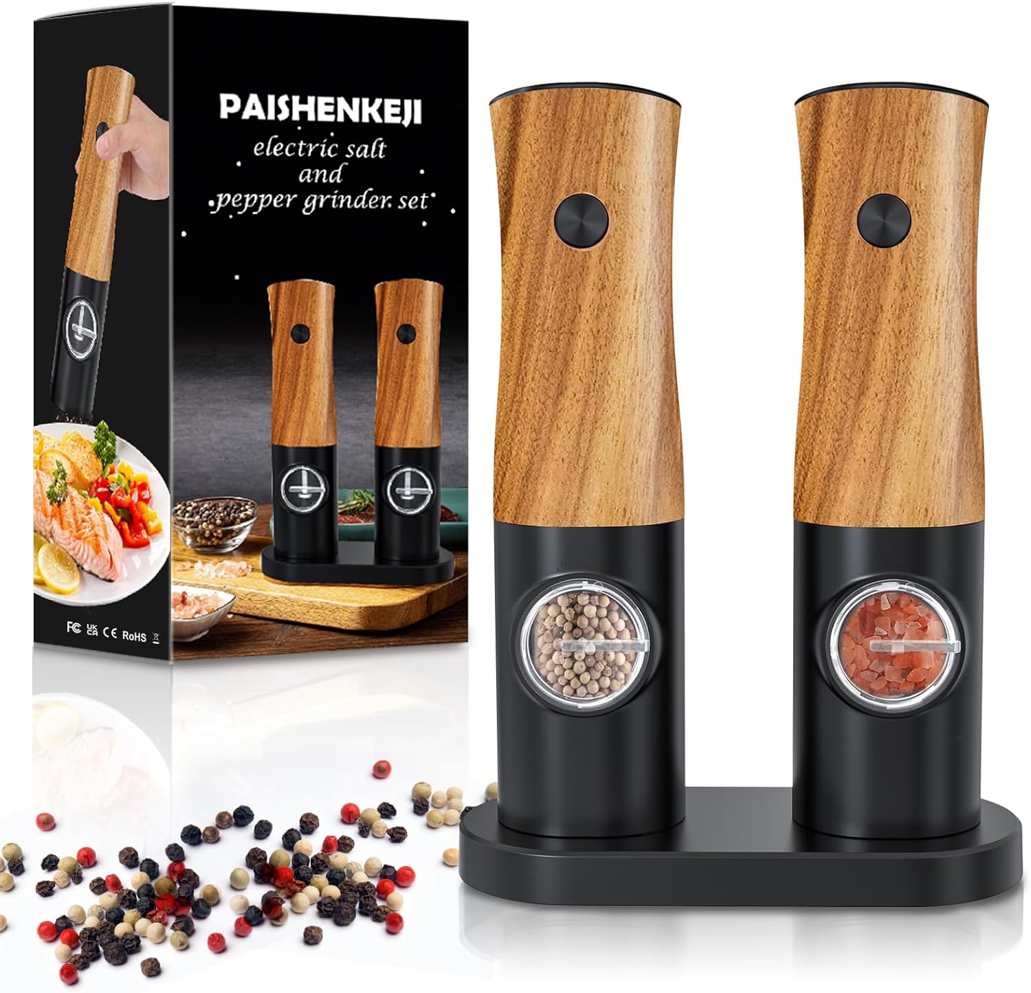 Electric Salt and Pepper Grinder Set - Battery Operated Pepper Mill Automatic, Battery Powered Auto Shakers with Light, Refillable Peppermills for Kitchen Black Wooden Color