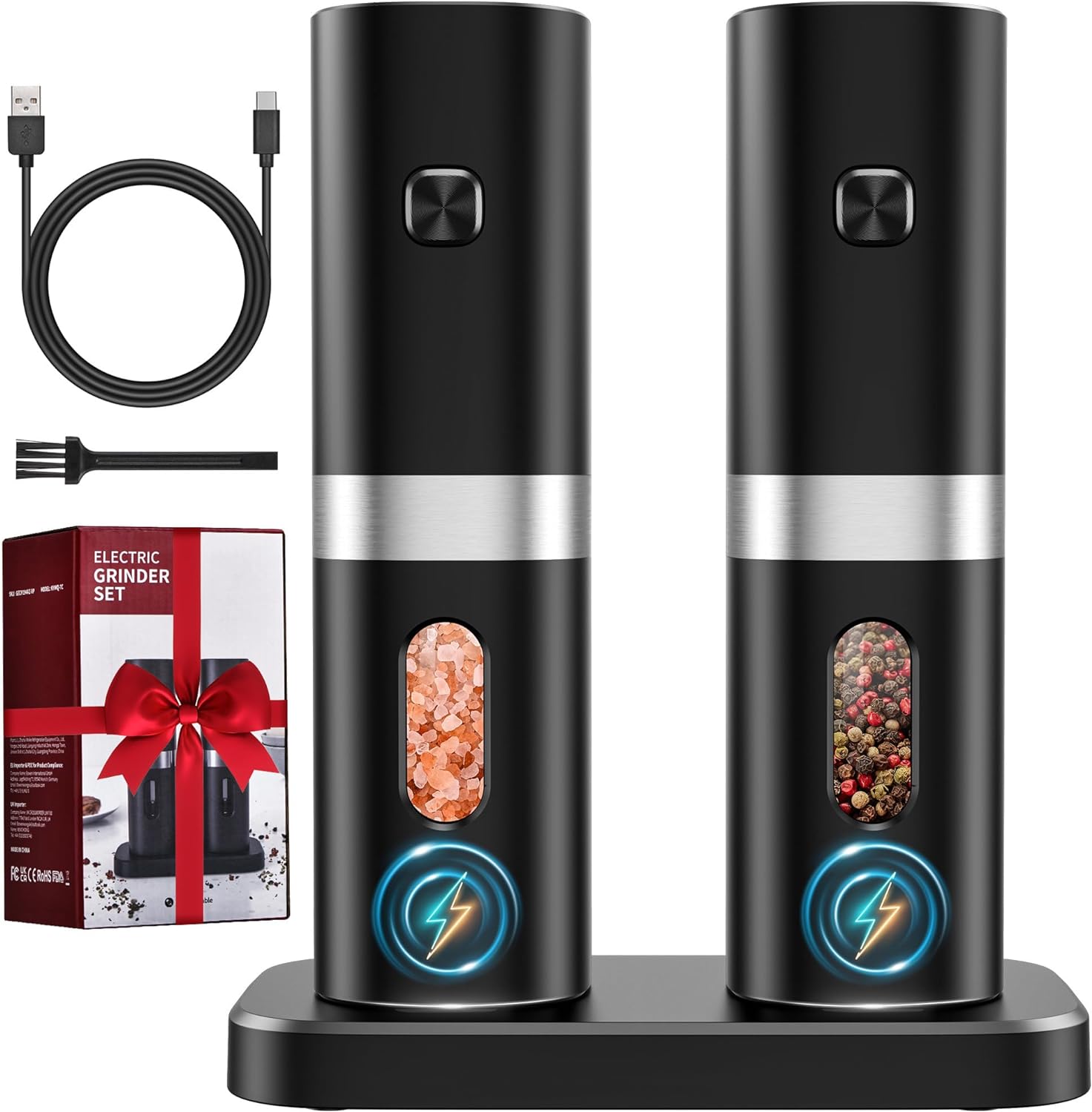 Electric Salt and Pepper Grinder Set,   Rechargeable Salt and Pepper Mill with 4*Rechargeable Batteries, Charging Base, White Light, One Hand Automatic Operation, Black, 2Pack