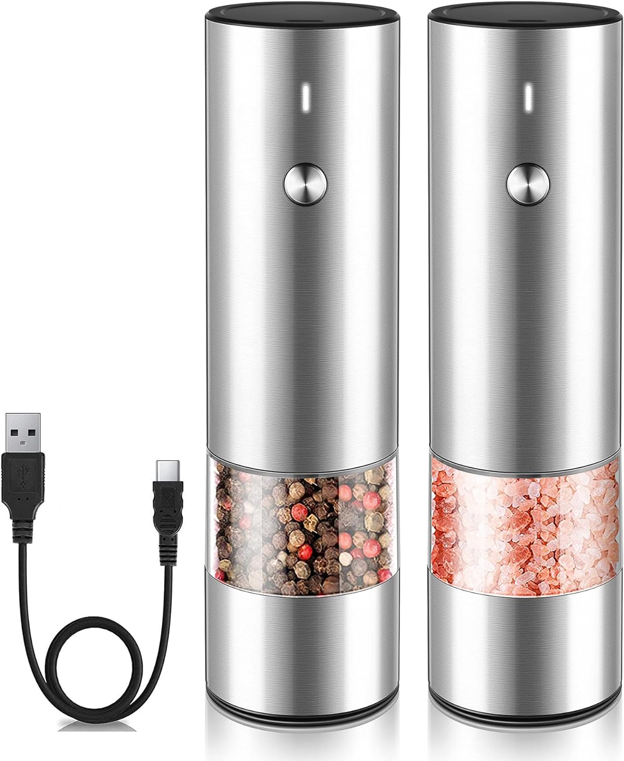 Electric Salt and Pepper Grinder Set - USB Rechargeable - Durable Modern Style - Automatic Black Peppercorn & Sea Salt Spice Mill Set with Adjustable Coarseness & LED Light Refillable