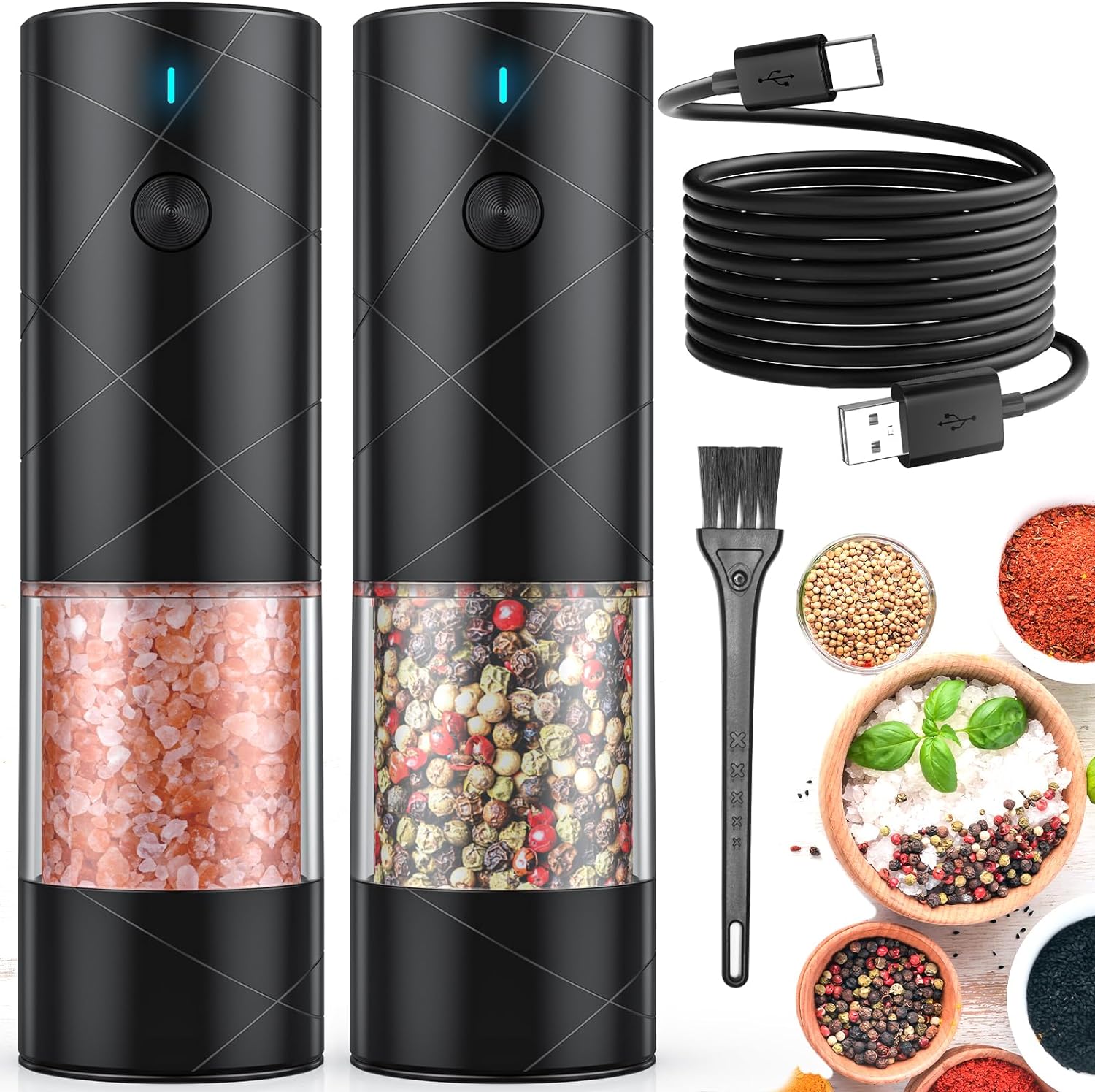 2Pack Electric Salt and Pepper Grinder Set USB Rechargeable with Warm LED Light, Adjustable Coarseness Lidaop Large Capacity Automatic Salt Pepper Mill Grinder for Kitchen, Restaurant, Outdoor, Black