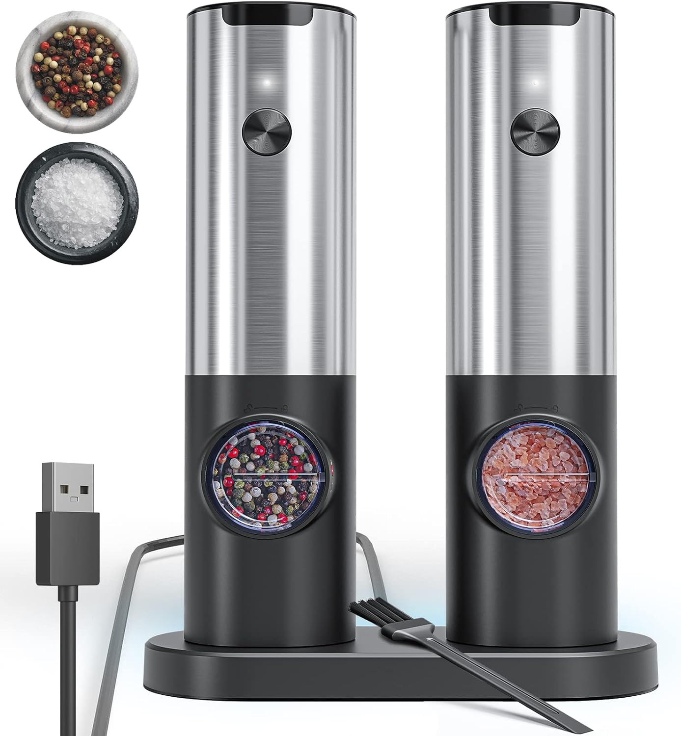 Electric Salt and Pepper Grinder Set with Rechargeable Base,Stainless Steel Salt and Pepper Grinders/Mill with Adjustable Coarseness,Refillable Salt and Pepper Shakers with LED Light, a Pair