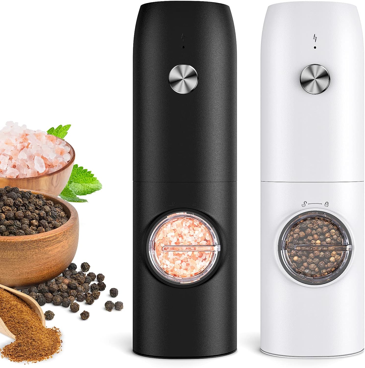 Electric Salt and Pepper Grinder Set (2 Pack), Rechargeable - No Battery Needed - Automatic Salt Pepper Mill Grinder, Adjustable Coarseness, LED Light, One-Hand Operation for Kitchen BBQ