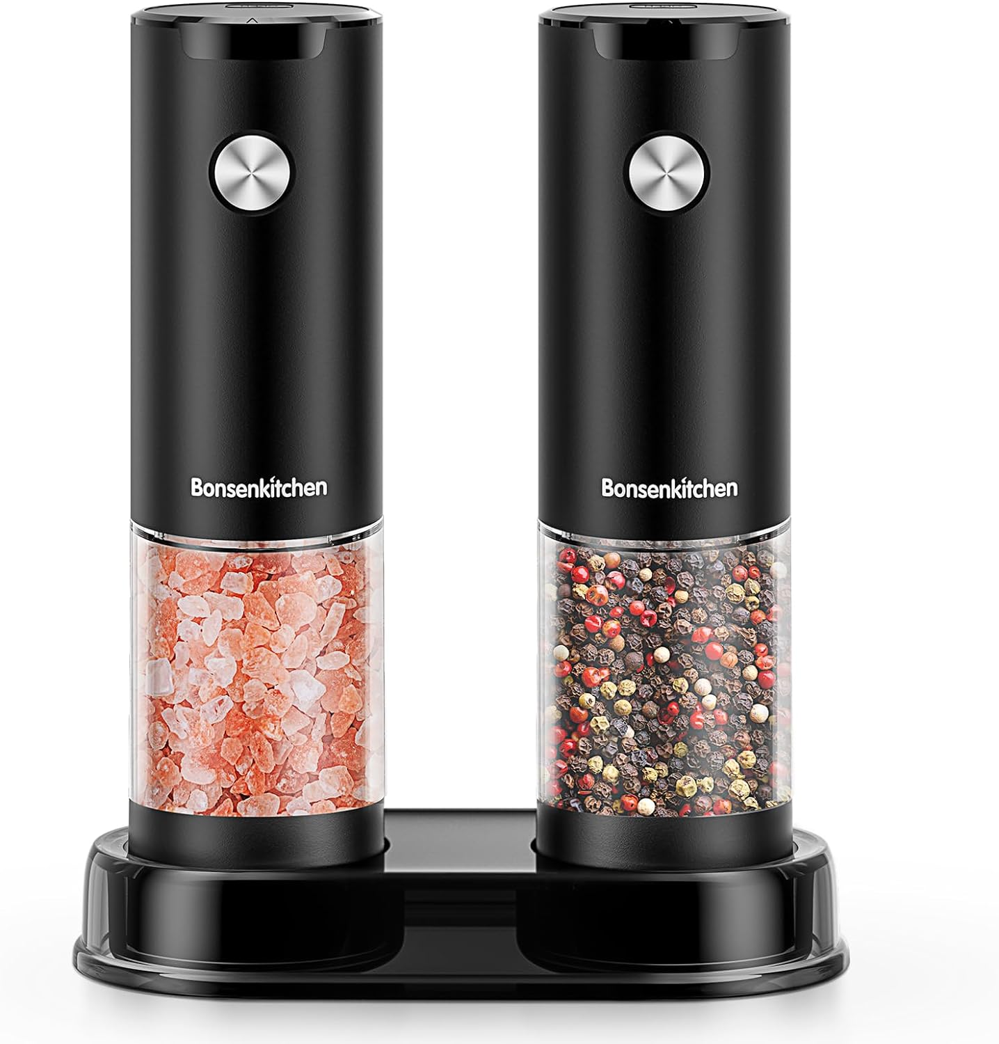 Bonsenkitchen Electric Salt and Pepper Grinder Set, 2 Pack Automatic Salt & Pepper Mill Shakers with LED Light, Adjustable Coarseness, Storage Base, 95ml Large Capacity, Battery Operated(Not Included)