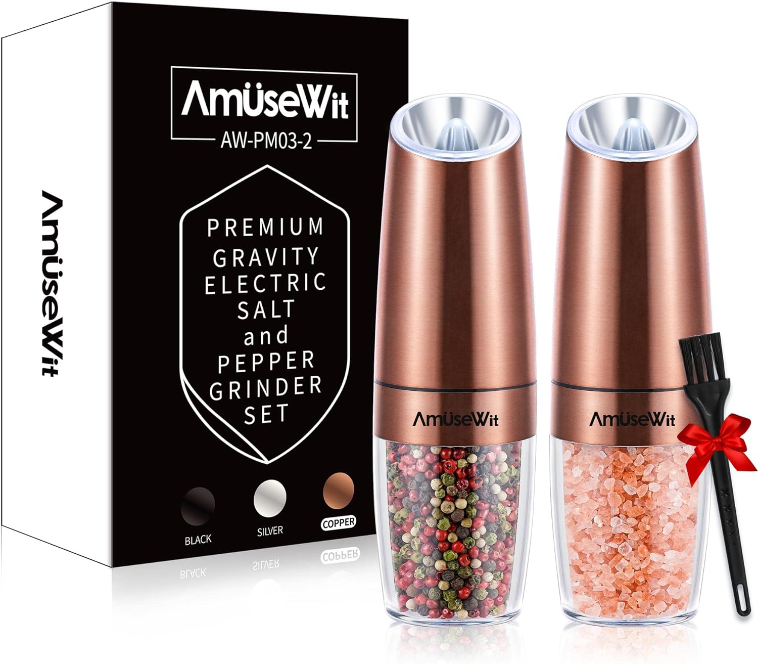 AmuseWit Gravity Electric Pepper and Salt Grinder Set [White Light] Battery Operated Automatic Pepper and Salt Mills with Light,Adjustable Coarseness,One Handed Operation,Copper