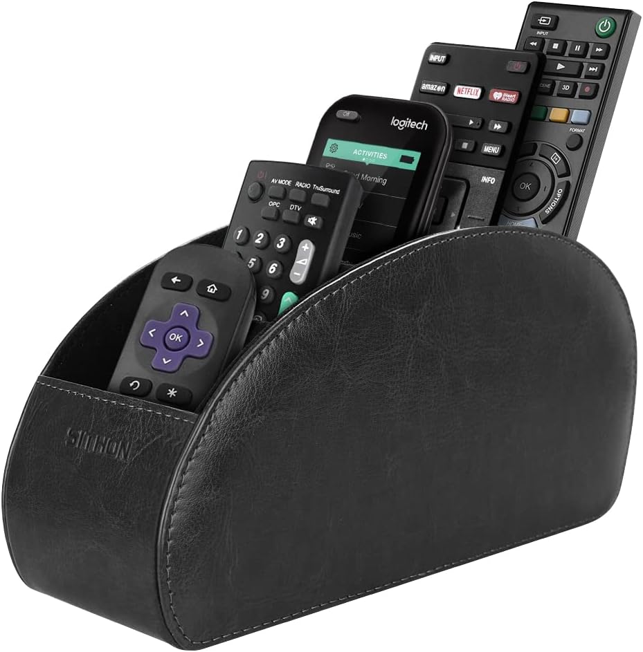 SITHON Remote Control Holder with 5 Compartments - PU Leather Remote Caddy Desktop Organizer Store TV, DVD, Blu-Ray, Media Player, Heater Controllers, Black