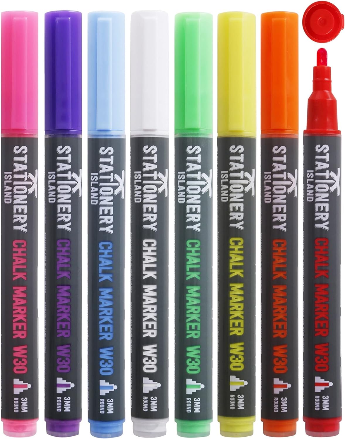 Stationery Island Liquid Chalk Markers Whiteboard Wet Erase Chalk Marker Pens for Blackboard,Chalkboard, Car Window, Mirror Glass, Signs, Bistro Board and Ceramic - 3mm Fine Bullet Nib Pack of 8