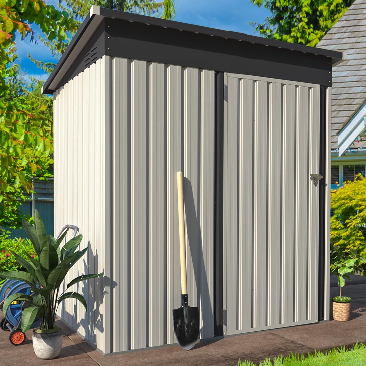 AECOJOY 5' x 3' Outdoor Storage Shed, Small Metal Shed with Lockable Door, Utility and Tool Storage for Garden, Backyard, Patio, Outside use in White