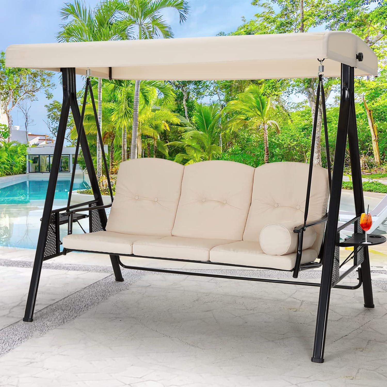 AECOJOY 3-Seat Porch Swing Chair, Patio Swing Chair with Stand and Removable Cushions, Outdoor Canopy Swing Chair for Outside, Backyard, Garden(Beige Cushion&Steel Frame)