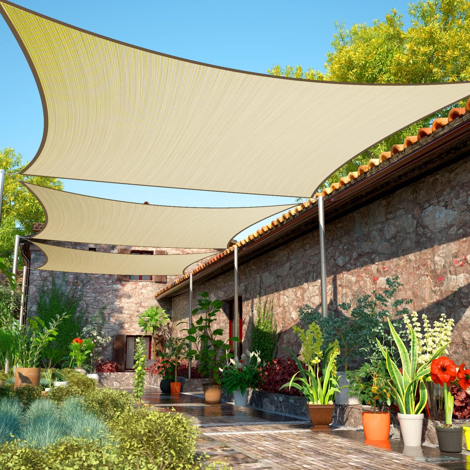 ShadeMart 10' x 10' Beige Sun Shade Sail UPF50 Square Canopy Fabric Cloth Screen smTAPS10, Water and Air Permeable & UV Resistant, Heavy Duty, Carport Patio Outdoor - (We Customize Size)