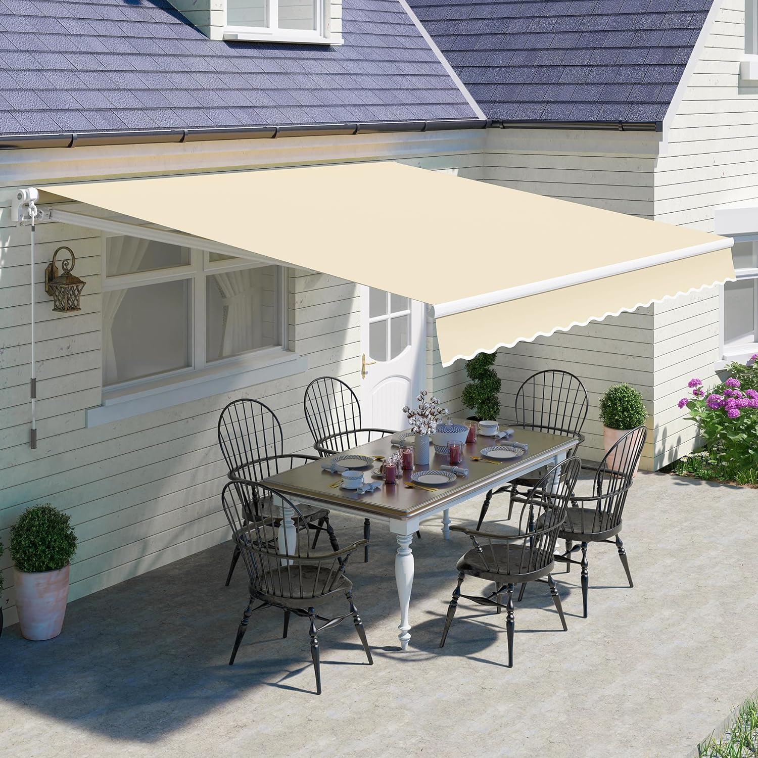 8'x7' Patio Awning Retractable Fully Assembled Manual Sunshade Shelter Aluminum Frame, 100% 280G Polyester Water-Resistant Outdoor Window Door Awning Deck Canopy Balcony Yard Business (Beige)