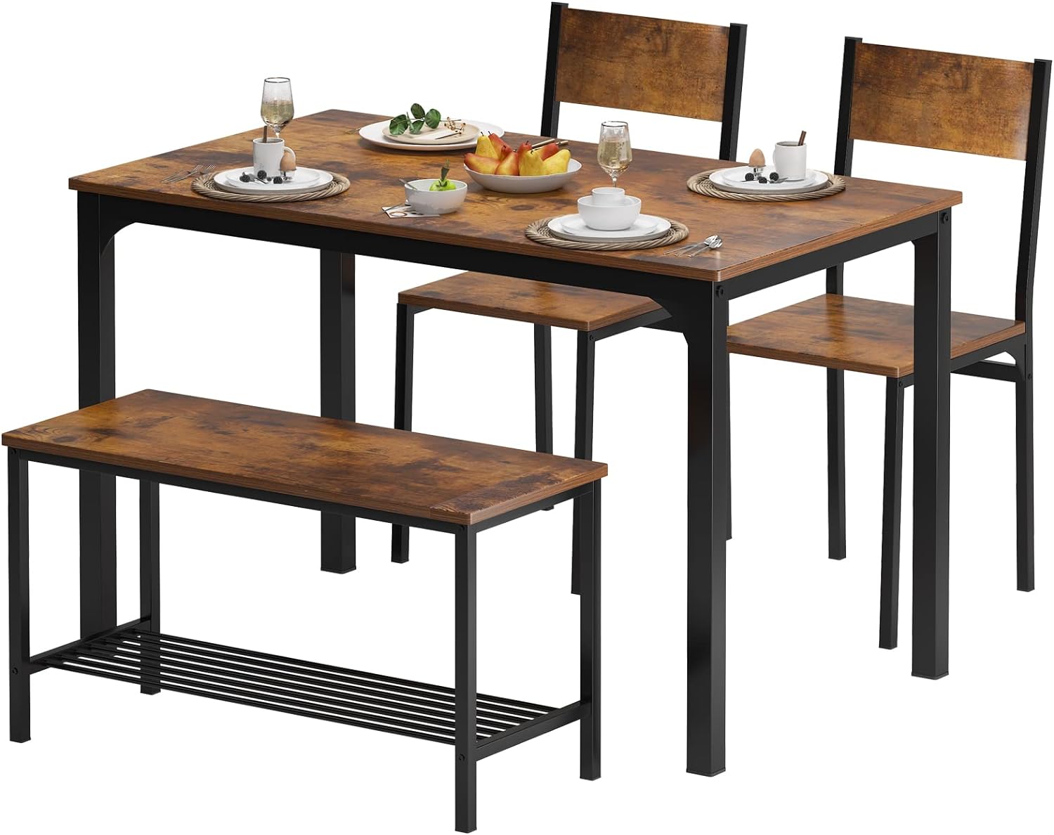 SDHYL Dining Table Set,Two Chairs and One Bench 4 Pieces Set Wooden Table Top with Metal Legs for Breakfast in Living Room, Kitchen Room, Dining Room,Space Saving Kitchen Table Set,Rustic Brown