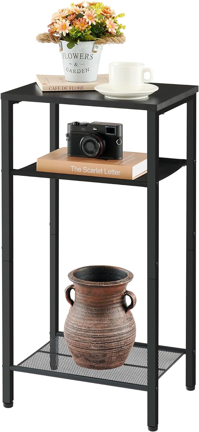 Hoctieon 3 Tier End Table, Telephone Table, Tall Side Table with Storage, Small Nightstand for Small Spaces, Metal Frame, For Living Room, Bedroom, Sofa Couch, Hall, Easy Assembly, Black