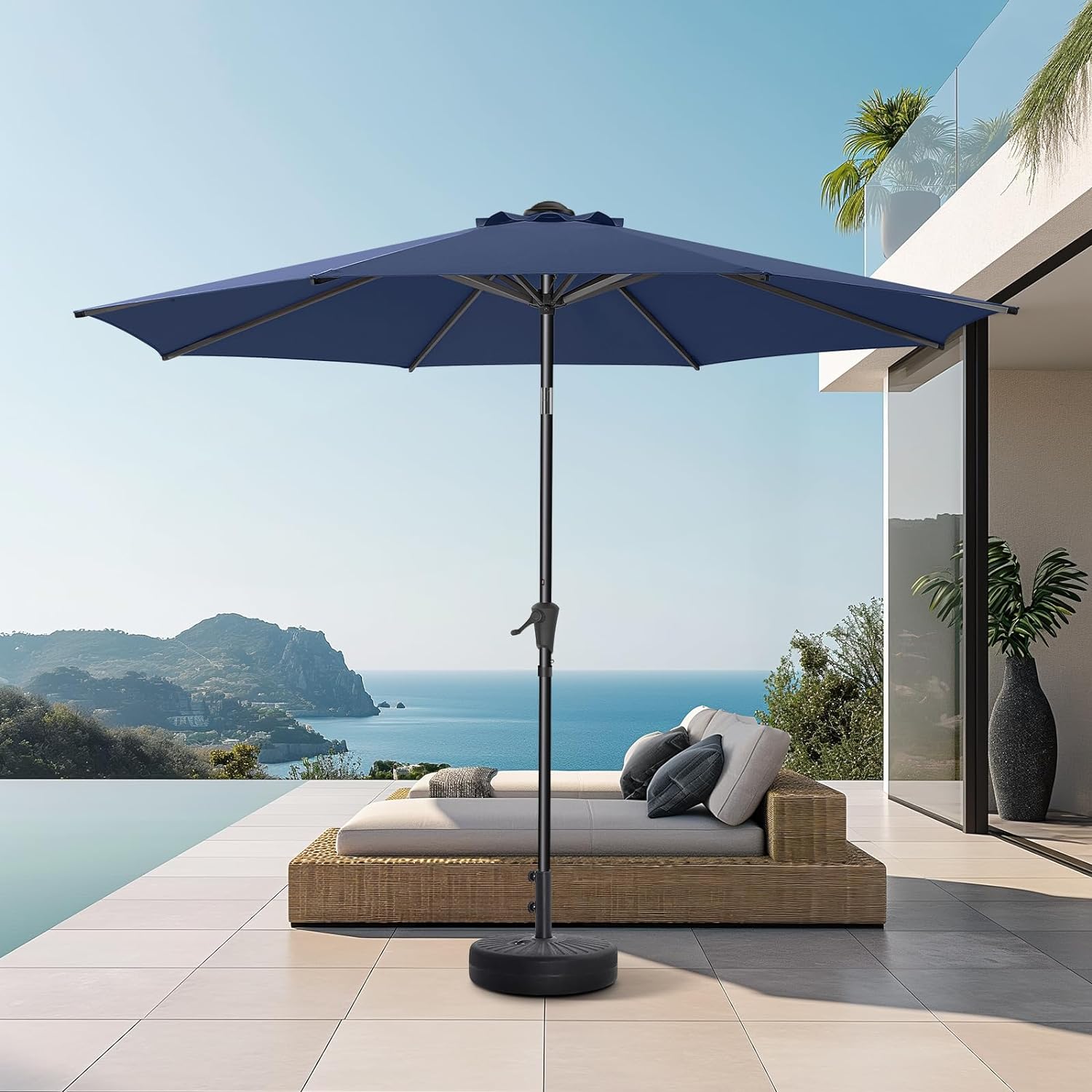 9ft Outdoor Patio Umbrella - Market Table Pool Deck Umbrella UPF50+ UV Protection with Push Button Tilt, Crank and 8 Sturdy Ribs (Navy)