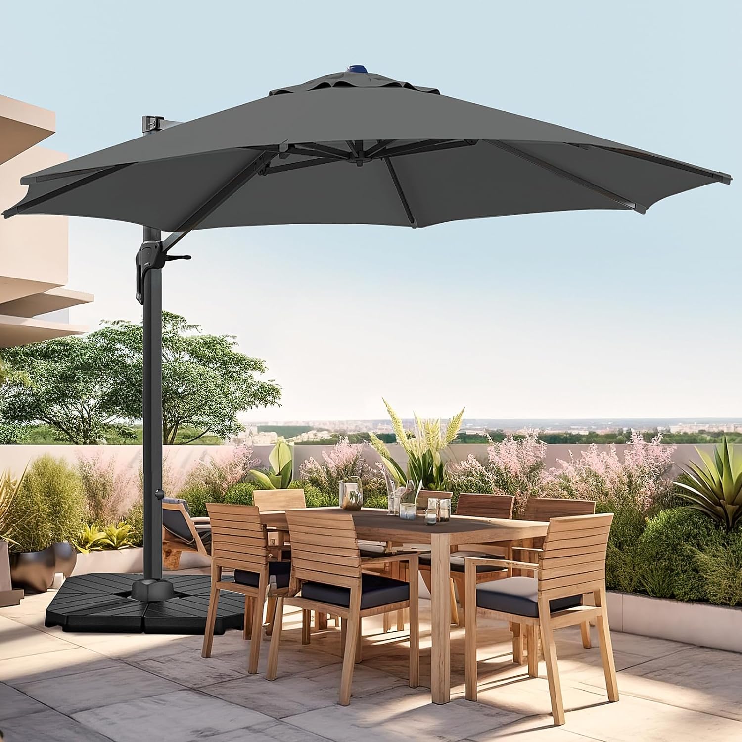 wikiwiki 12 FT Cantilever Patio Umbrellas Outdoor Large Offset Umbrella w/ 36 Month Fade Resistance Recycled Fabric, 6-Level 360Rotation Aluminum Pole for Deck Pool Garden, Grey
