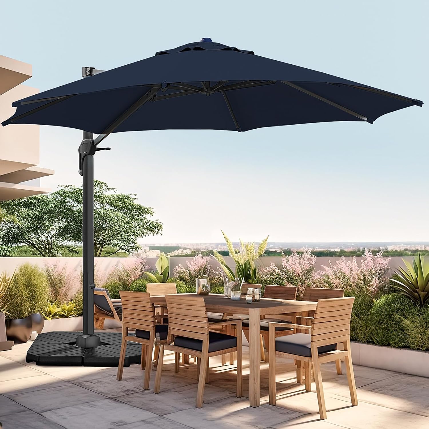 wikiwiki 12 FT Cantilever Patio Umbrellas Outdoor Large Offset Umbrella w/ 36 Month Fade Resistance Recycled Fabric, 6-Level 360Rotation Aluminum Pole for Deck Pool Garden, Navy Blue