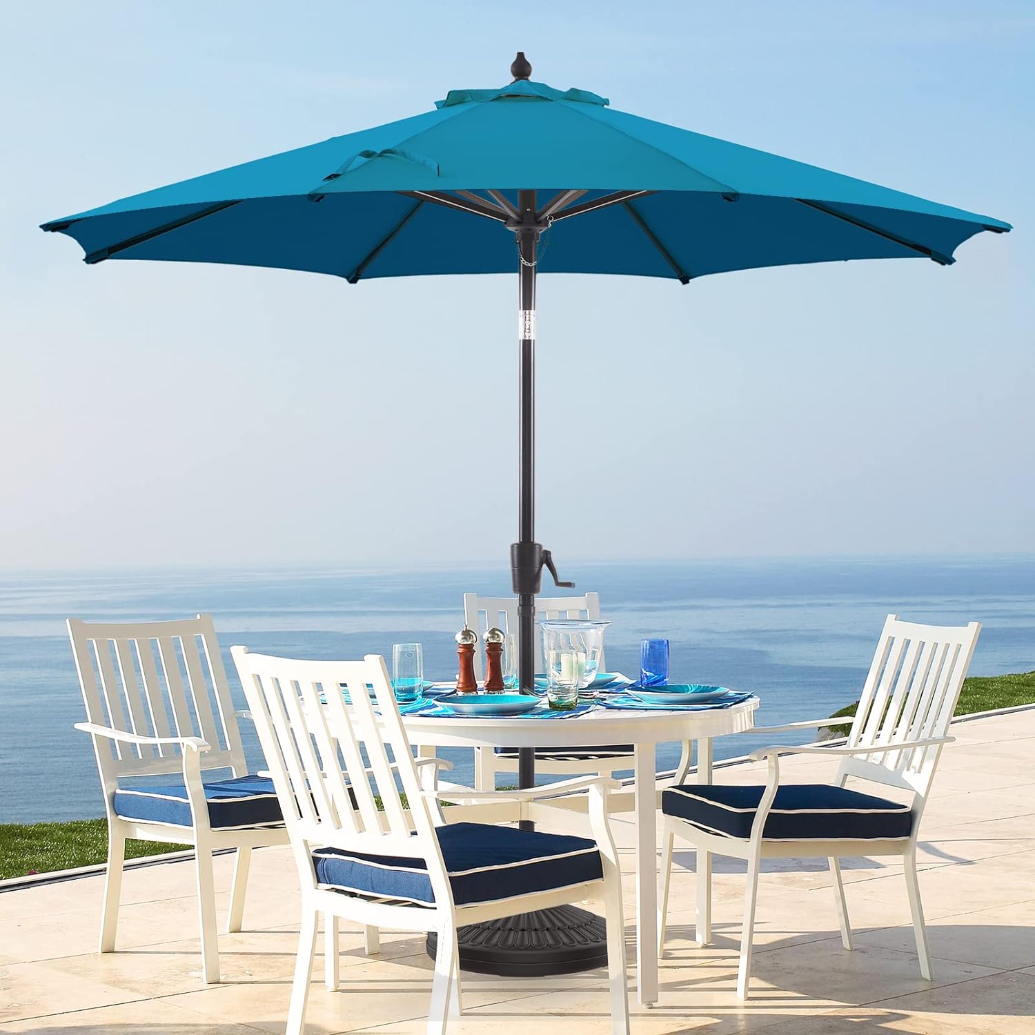 wikiwiki Olefin 9 FT Market Umbrella Patio Outdoor Table Umbrellas with 3-Year Nonfading Olefin Canopy and Push Button Tilt for Garden, Lawn, Backyard & Pool, Azure Blue