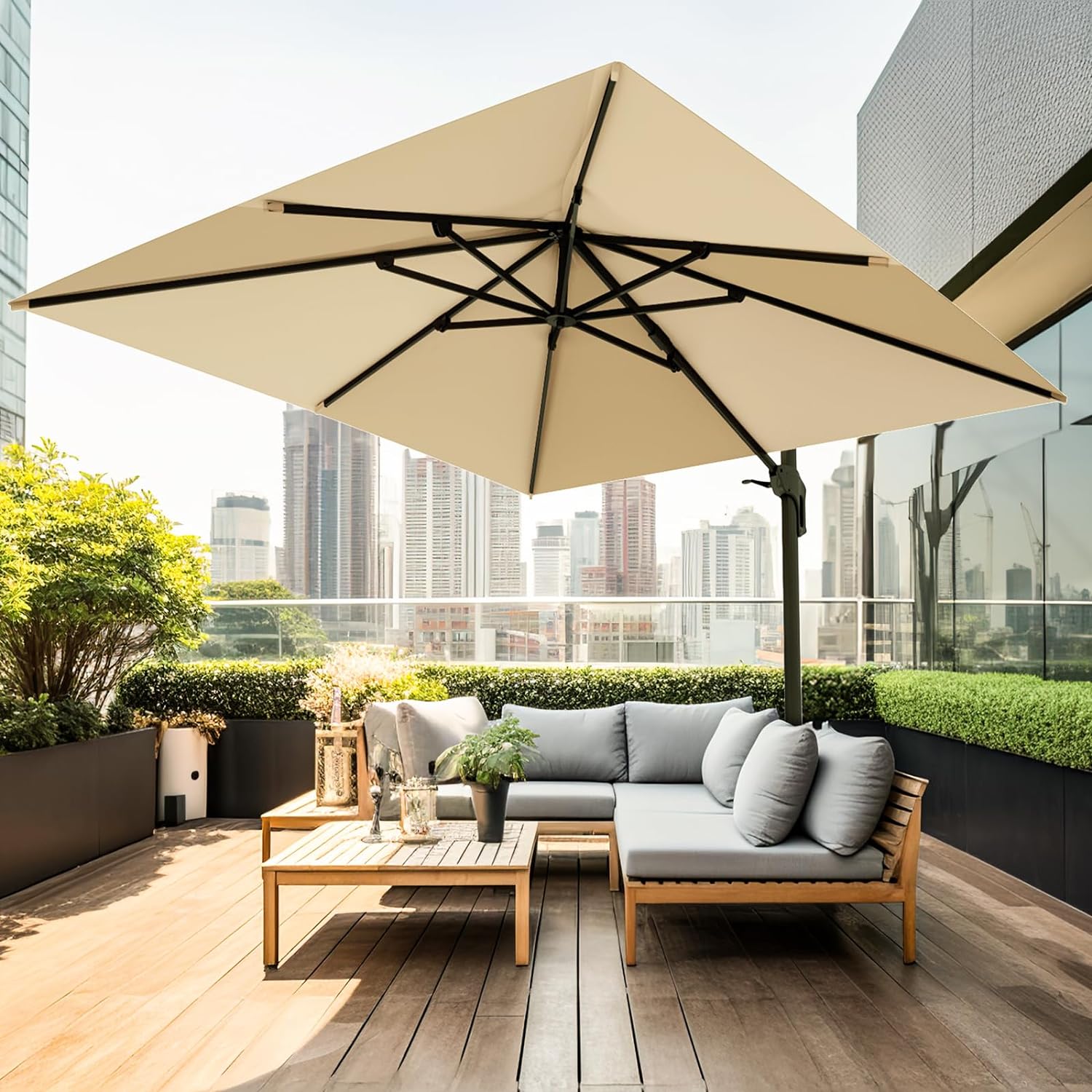 wikiwiki 11x11 FT Cantilever Patio Umbrella Outdoor Offset Square Umbrella w/ 36 Month Fade Resistance Recycled Fabric, 6-Level 360Rotation Aluminum Pole for Deck Pool, Beige