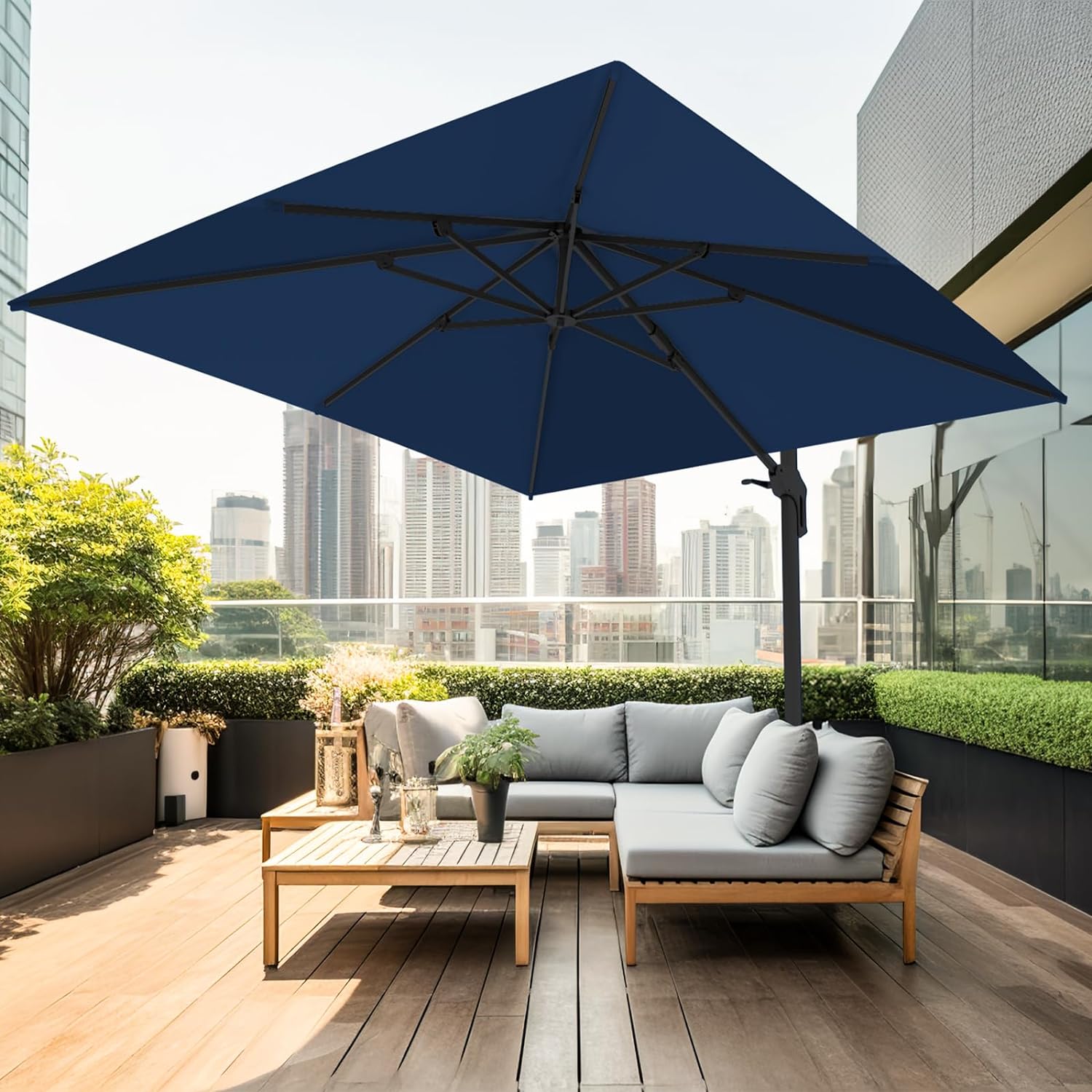 wikiwiki 11x11 FT Cantilever Patio Umbrella Outdoor Offset Square Umbrella w/ 36 Month Fade Resistance Recycled Fabric, 6-Level 360Rotation Aluminum Pole for Deck Pool, Navy Blue