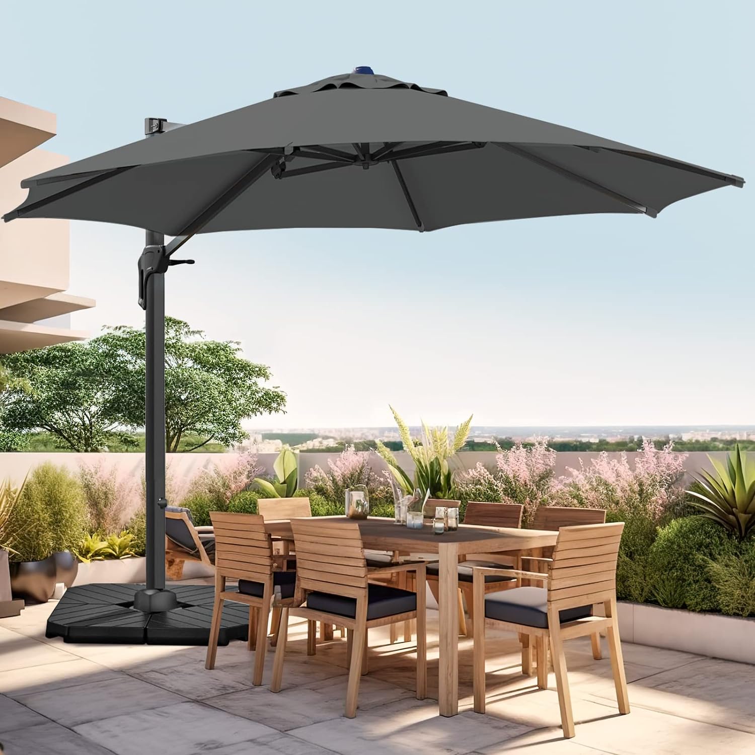 wikiwiki 11 FT Cantilever Patio Umbrellas Outdoor Offset Umbrella w/ 36 Month Fade Resistance Recycled Fabric, 6-Level 360Rotation Aluminum Pole for Deck Pool Garden, Grey