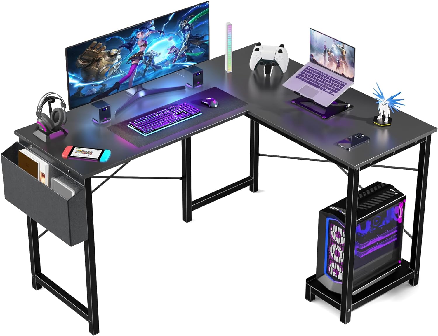 DUMOS L Shaped Computer Desk Wood Corner PC Gaming Table with Side Storage Bag for Home Office Small Spaces, Black