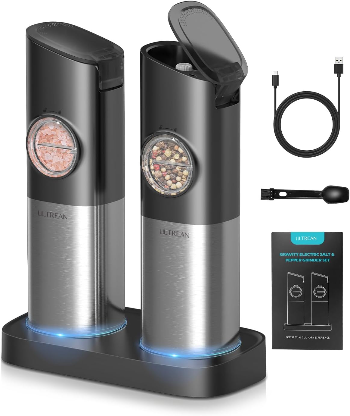 Ultrean Gravity Electric Salt and Pepper Grinder Set - USB Rechargeable With Dual Charging Base - Adjustable Fineness - One Handed Operation, Stainless Steel Construction, Auto Dust Lids, LED Light