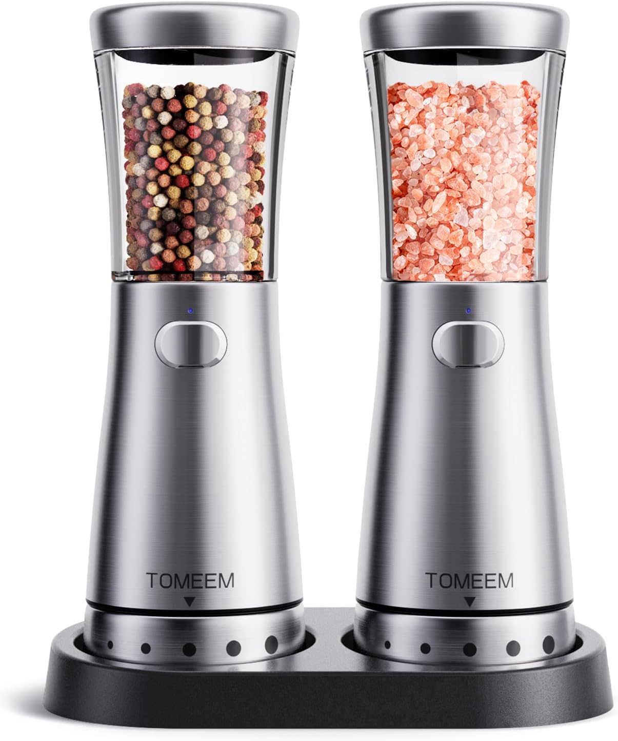 Electric Salt and Pepper Grinder Set with Storage Base, Stainless Steel Rechargeable Salt and Pepper Grinder Set with 4.5oz Large Capacity, 1.8 Wide Mouth, Adjustable Coarseness, Ideal for Kitchen