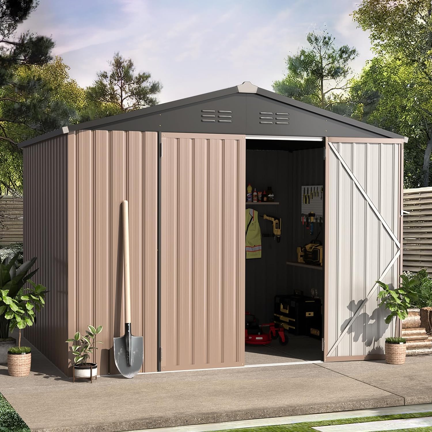 AECOJOY 8' x 6' Metal Storage Shed for Ourdoor, Steel Yard Shed (53 Sq.Ft Land) with Design of Lockable Doors, Utility and Tool Storage for Garden, Backyard, Patio, Outside use